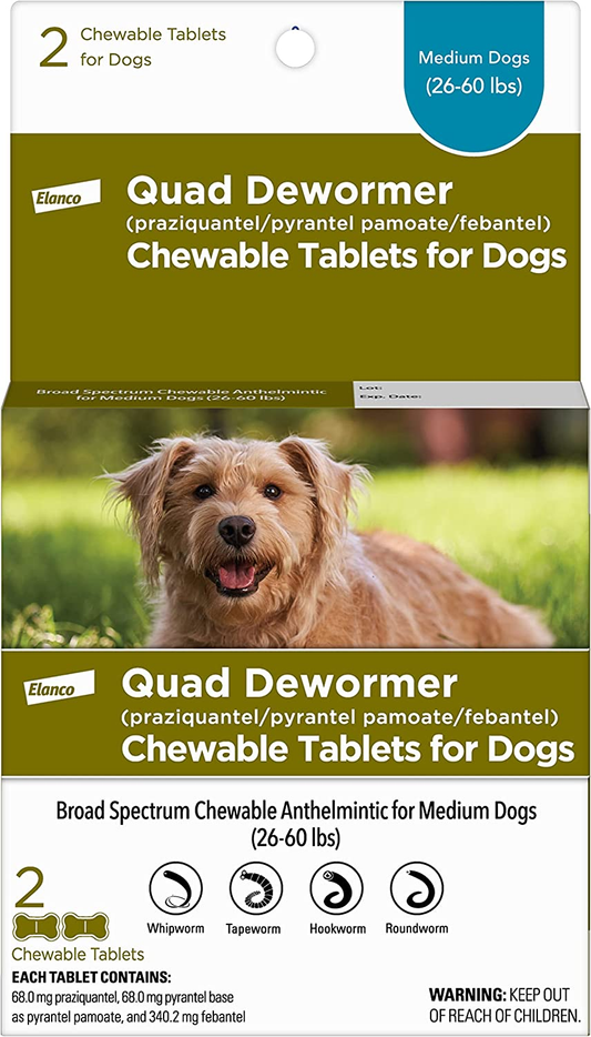 Elanco Chewable Quad Dewormer for Medium Dogs, 26-60 Lbs, 2 Chewable Tablets