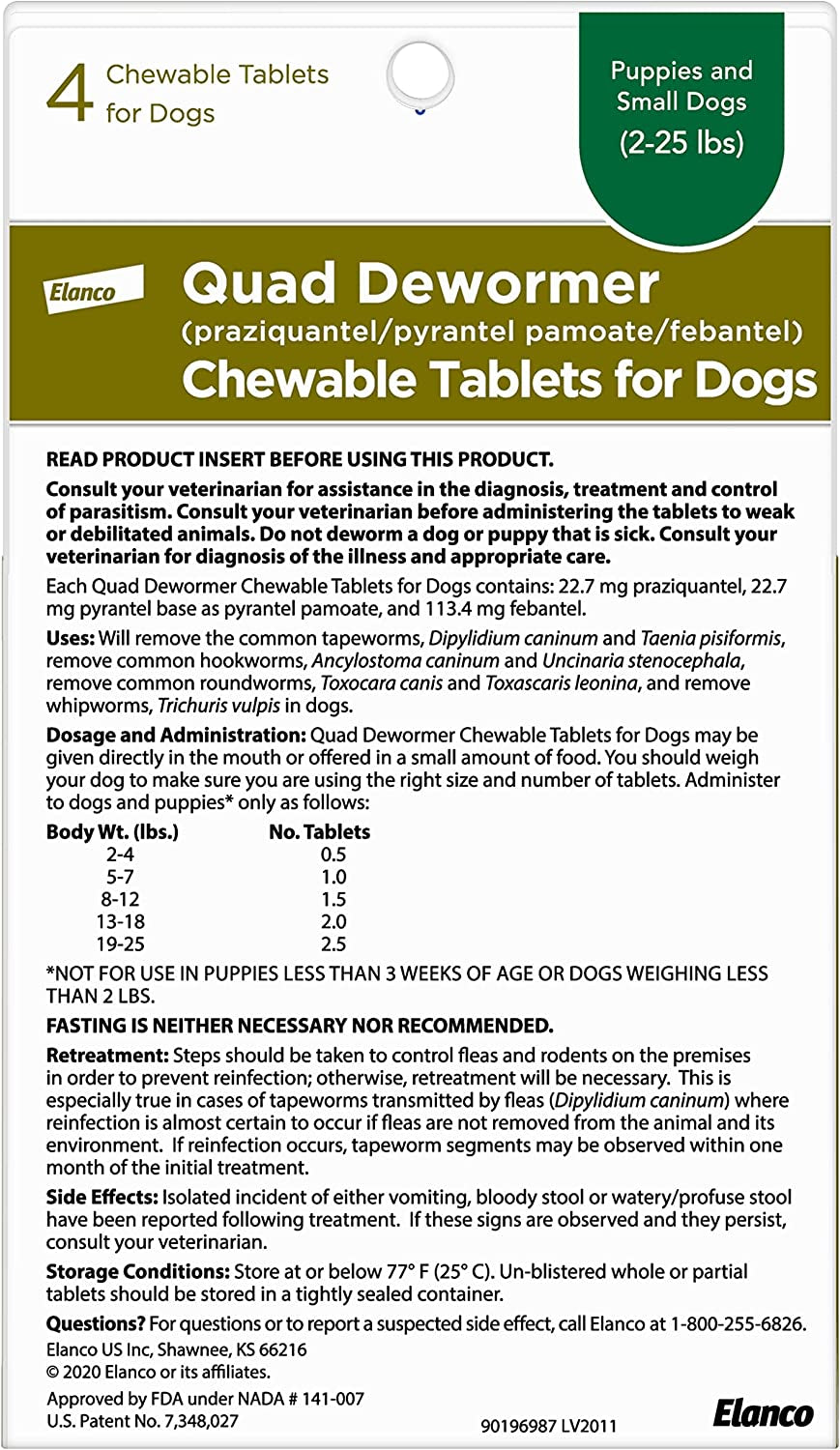 Elanco Chewable Quad Dewormer for Small Dogs, 2-25 Lbs, 4 Chewable Tablets, White